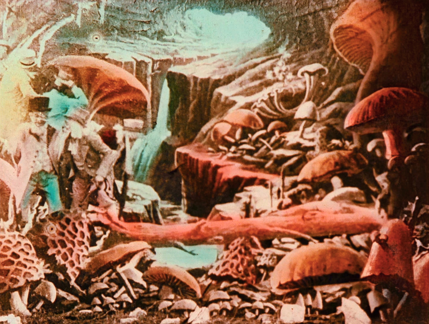 Adventures traverse a canyon on giant mushroom in Méliès’ A Trip to the Moon